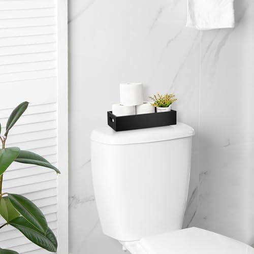 ALELION Black Bathroom Basket - Wooden Toilet Tank Paper Basket with Handle for Organizing - Back of Toilet Storage Organizer for Bathroom Tank Topper Counter - Black Bathroom Decor Box - color: Black, size: 13 Inch