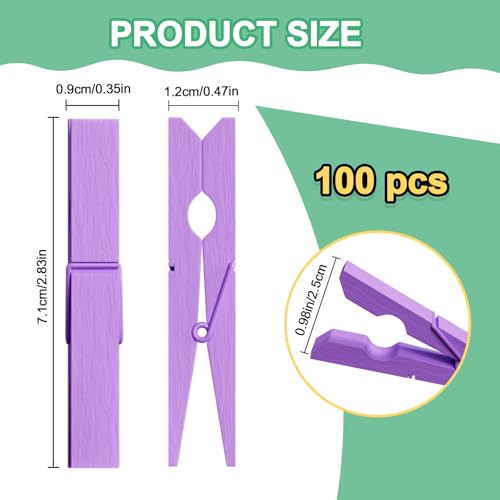 100 Pcs Wooden Clothespins Bulk - 2.9 Inch Cheer Purple Clothes Pins - color: Purple
