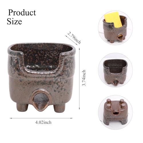 Kitchen Sponge Holder with Drainage, Ceramic Vintage Sink Caddy Organizer - color: Reactive Glaze