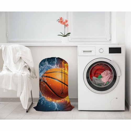Swono Travel Laundry Bag, Basketball Ball In Fire Water Sport Spark Lightening Game Machine Washable Dirty Clothes Organizer, Large Enough to Hold 4 Loads of Laundry, Easy Fit a Laundry Hamper or - color: Basketball