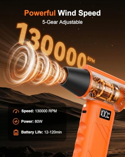 Solarplay Orange Compressed Air Duster, 130000 RPM Cordless Air Blower with 5-Gear Adjustable Speed, 4000mAh Fast Charging, 4 Nozzles for Car Cleaning Kit, PC Electronics, Home, Outdoor & Inflatables - color: Orange
