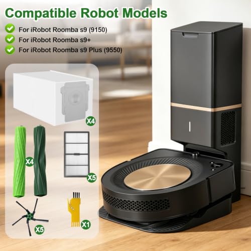 Replacement Parts for Irobot Roomba s9+ (9550) s9 9550 Robot Vacuum Cleaner Accessories Kit 19 Packs 2 Sets of Roller Brushes, 5 Filters, 5 Side Brushes, 4 Dust Bags - color: style 3