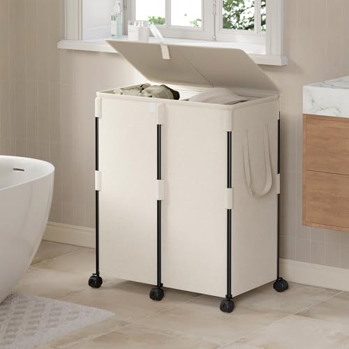 160L Double Laundry Hamper with Lid and 6 Wheels, Rolling Laundry Basket - color: White, size: 160L(24.8"L x 14.2"W x 29.92"H)