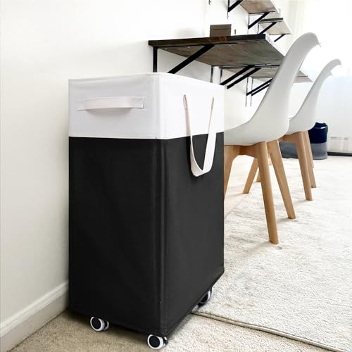 Goodpick 2-Pack Rolling Laundry Basket with Wash Bag, Hamper for Dorm, 75L - color: Black & White 2-Pack