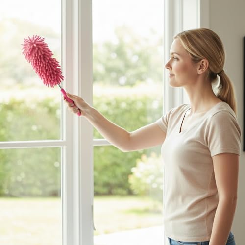 Extendable Feather Duster Telescopic Dust Remover for Home Office Car Furniture High Ceiling Cleaning Multi Purpose Tool(Rose Red,Long Head) - color: Rose Red, size: 11.0 in