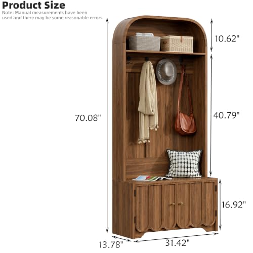 Narrow Entryway Hall Tree with Storage Bench, coat rack with shoe storage, 4 Double Hooks, Fluted Doors and Adjustable Shelves, Arched Multiple Storage for Hallway, Walnut - color: Walnut Oak-1