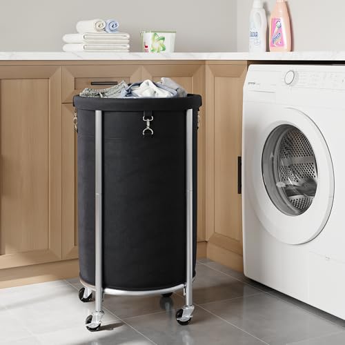 ELYKEN Laundry Basket with Wheels, Round Rolling Laundry Hamper, Black - color: Black, size: 110L