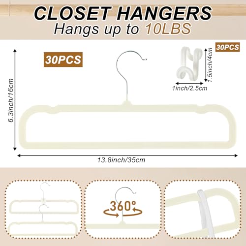 Pants Hangers Space Saving, 30 Pack Velvet Hangers for Closet with 30 Hooks, Strong Durable Non Slip Slim Clothes Hanger, Ultra Soft Flocked Hanger for Pants, Shirts, Bra, Shorts (Cream) - color: Cream