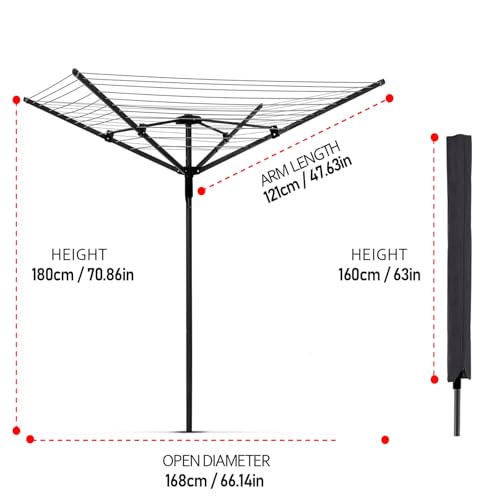 Umbrella Clothesline Outdoor |165 Feet Heavy Duty Rotary Outdoor Umbrella Drying Rack with 4-Aluminum Arms and Steel Post 12-Lines | Adjustable Height & Retractable Clothes Drying Rack for Backyard