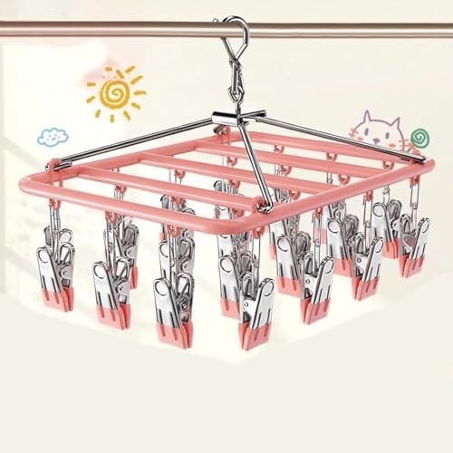 Drying Rack for Sock, Stainless Steel Sock Drying Rack with 23 Clips, Swivel Hook Windproof Hanger for Sock, Laundry, Hat, Scarf, Bras, Towel, Underwear, Pants, Gloves (Pink) - color: Pink