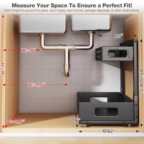 2 Pack 21IN-Depth Under Sink Organizer,Pull Out Cabinet Organizer With Smooth Cylindrical Rail,Metal Slide Out Drawer for Kitchen Bathroom Laundry,8-Level Tool Free Height Adjustable-Black - color: Black, size: 2 Pack-21"Dx9.5"-16.7"H