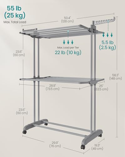 SONGMICS 3-Tier Clothes Drying Rack, Foldable, Rolling, 58.3-Inch Tall - color: Dove Gray, style: 3-Tier