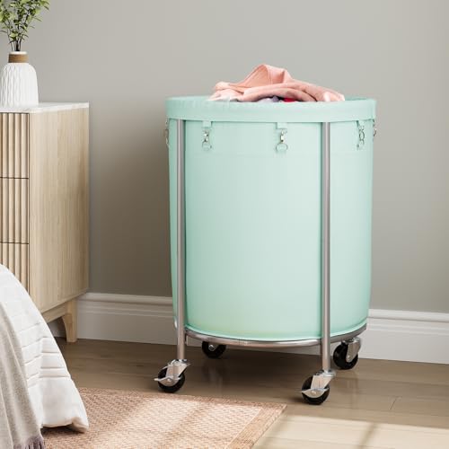 ELYKEN Laundry Basket with Wheels, Round Rolling Laundry Hamper, Mint Green - color: Mint Green, size: 190L