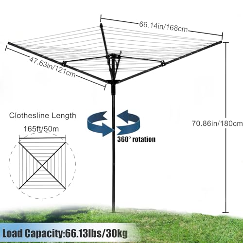 A-xctoe Rotary Outdoor Umbrella Drying Rack Adjustable Height Clothesline w/Waterproof Protective Cover Folding Rotary Dryer with 4-Aluminum Arms and Steel Post | 12-Lines with 165 ft Clothesline