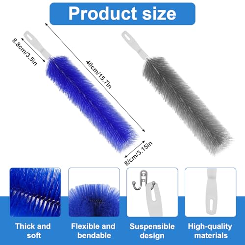 2 Pcs Cobweb Duster, Bendable Fan Cleaner Brushes Set Reusable, Plastic Microfiber Duster for Air Conditioning Shutters,Ceiling Fan, Blades, Curtains,Air Vents(Blue,Gray)