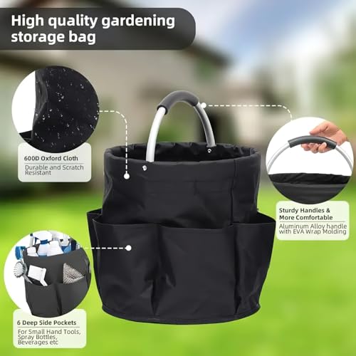 Portable Garden Tool Organizer Basket with 6 Pockets, Green Oxford Cloth Storage Tote with Comfortable Handle for Gardening, Picnic, Travel (Black) - color: Black