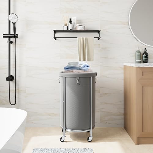 ELYKEN Laundry Basket with Wheels, Round Rolling Laundry Hamper, Gray - color: Gray, size: 110L