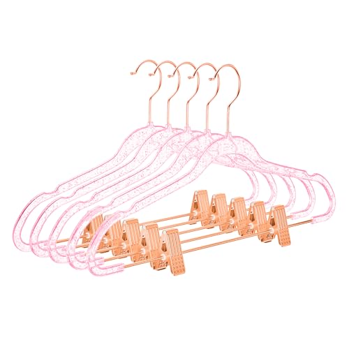 MIZGI Slim Rose Gold Glitter Pants & Skirt Hangers (20 Pack) - Adjustable Rose Gold Clips & Hooks, Pink Transparent Non-Felt, Space-Saving for Dresses, Shirts, Blouses - color: Pink Glitter/Rosegold, size: 20-Pack