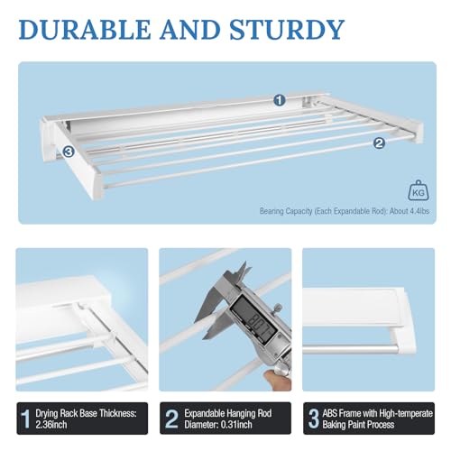 Wall Mounted Clothes Drying Rack with 7 Rods, Laundry Drying Rack Collapsible Aluminum Rods, Drying Rack Clothing for Indoor Outdoor Hanging Clothes (White, 33.07'')