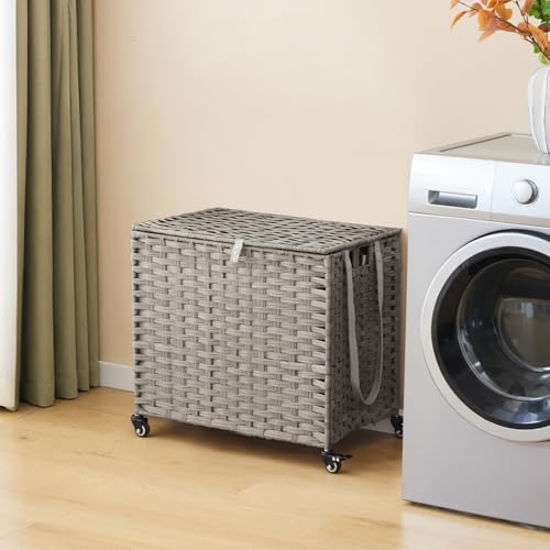 Laundry Hamper with Wheels, 34.3 Gallon(130L) Rolling Laundry Basket with Lid, 3-Section Rattan Clothes Hamper with 3 Removable Liner & 3 Mesh Bags, Laundry Sorter with Side Pocket, Grey - color: Grey, size: 130L(23.62 x 15.75 x 21.65 Inches)