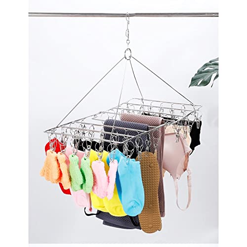 Folding Clothes Drying Hanger 36 Clips Stainless Steel Space-Saving Dryer Rack Washline with Peg for Sock, Underwear, Baby Clothes, Diapers and Hanging Small Washes