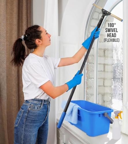 Professional Window Cleaning Kit with 50" Extension Pole, 8-in-1 Window Scrubber Squeegee Set, 14" Flexible Head, 3 Gallon Storage Bucket, Spray Bottle Microfiber Cloths for High Indoor/Outdoor Glass - color: Blue