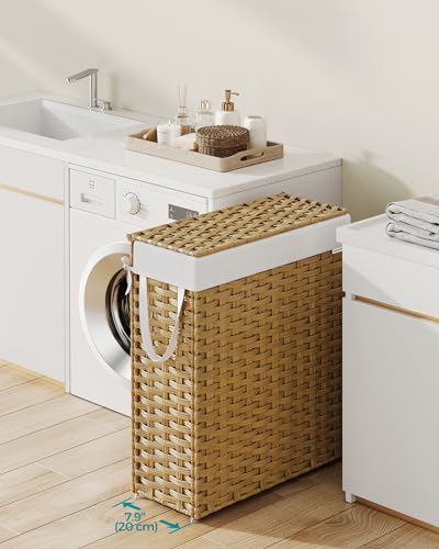 SONGMICS Laundry Hamper with Lid, 14.5 Gal (55 L) Synthetic Rattan,Foldable - color: Goose Yellow, size: 55 L