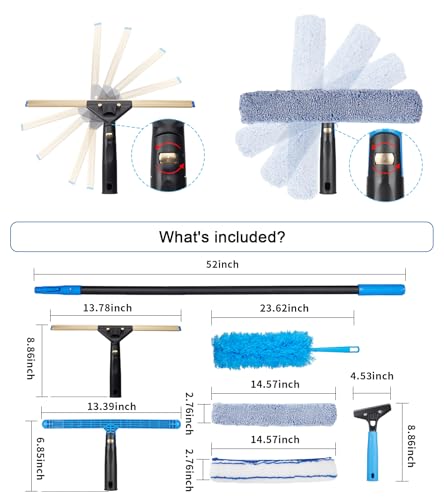 Swivel Squeegee Kit with 4 Extension Poles,Glass Scraper, Bendable Duster, 2 Window Scrubber Cloth for Glass, Car, Floor, Home,Garden - color: Black