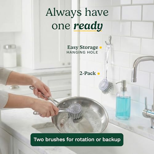 Cuisinart Dish Brush with Handle, 2 Pack, Firm Bristles - color: Round- Light Gray