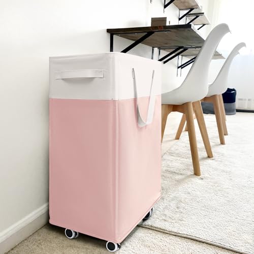 Goodpick 2-Pack Laundry Hamper with Wheels, Dorm Essentials for Girls,75L - color: Pink & White 2-Pack