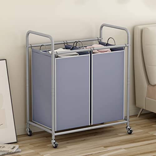 SUOERNUO Laundry Sorter Basket 2 Bag Laundry Hamper Cart with Rolling Lockable Wheels and Removable Bags Laundry Organizer Cart for Clothes Storage, Grey - color: Grey
