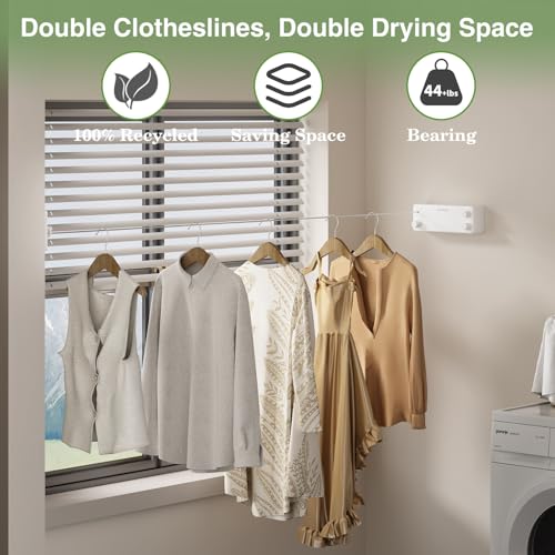 Danpoo Retractable Clothesline, 2x13.8ft Stainless Steel Clothes Line for Indoors/Outdoors, Wall-Mounted Laundry Drying with Auto-Lock, Heavy Duty(White) - color: White