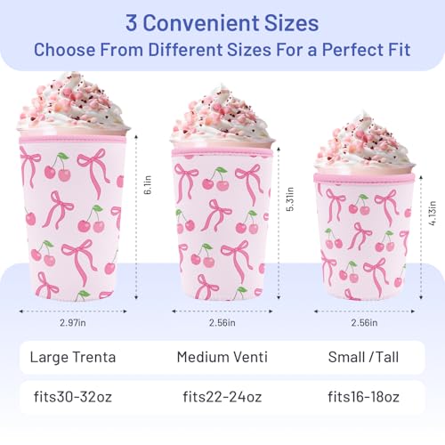 Iced Coffee Sleeve Reusable Neoprene Cup Sleeves, Cherry Bow - color: Cherry Bow