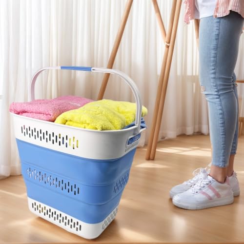 SAMMART 40L (10.5 Gallon) Collapsible Plastic Laundry Basket with Handles - Foldable Pop Up Storage Container/Organizer - Portable Laundry Hamper - Space Saving (1, Grey/Little Boy Blue) - color: Grey/Little Boy Blue