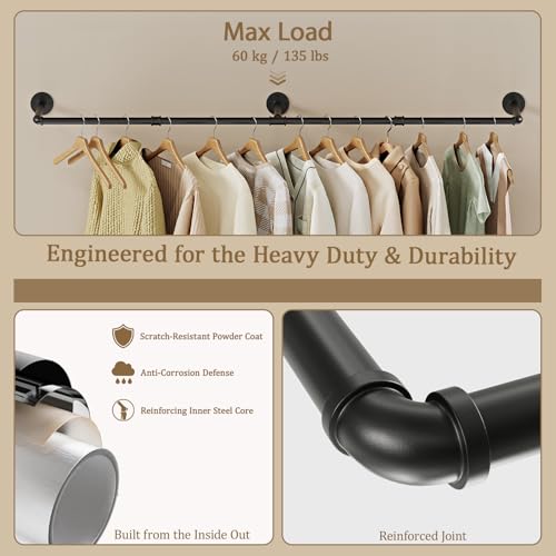 Wall Mounted Clothes Rack, Industrial Pipe Clothing Rack 50 Inch Black, Wall Clothes Hanger for Bedroom, Cloakroom, Closet, Hallway, Boutique Display, Drying Racks Wall-Mount for Laundry - color: Black, size: 50 Inch
