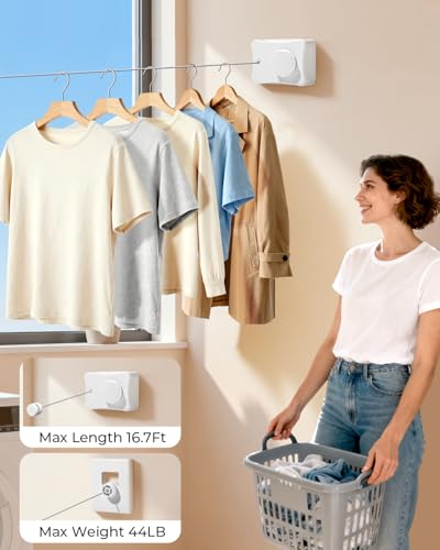 Retractable Clothesline 16.7 ft – Heavy-Duty 44 lb, Rust-Proof Stainless Steel, Wall-Mounted Indoor/Outdoor Laundry Line, Easy Install for Bathroom, Balcony & Apartment (White, Single Line) - color: White, size: Single Line