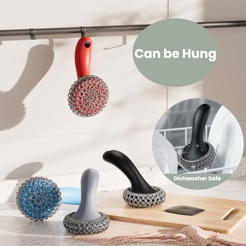 Cast Iron Scrubber with Long Handle Dish Scouring Pad Chainmail Cleaner - color: Black, 1 Scrubber + 1 Scraper