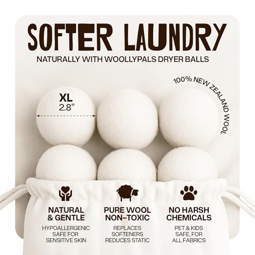 WoollyPals Dryer Balls (6-Pack, XL Size) - 100% New Zealand Wool - No More Dryer Sheets - Eco Dryer Balls - Reusable - Softens Laundry - Reduces Drying Time & Static - with Storage Bag (Plain White) - color: Classicwhite