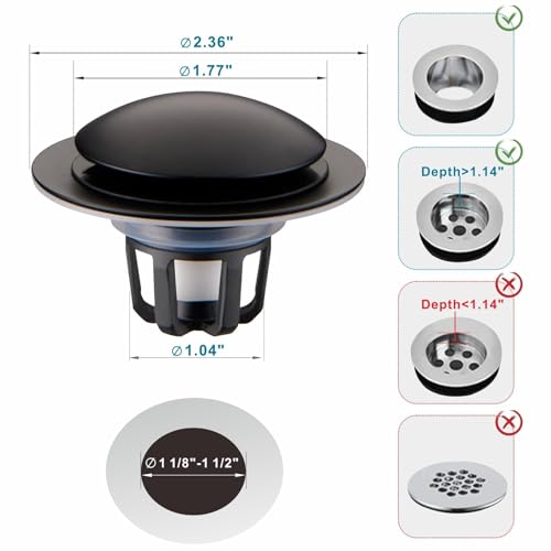 WELSAN Matte Black Pop Up Sink Stoppers for Bathroom Sink 1 1/8"-1 1/2" - color: Matte Black