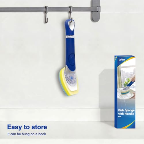 CELOX Dish Scrubber with Soap Dispenser, Kitchen Brush Dish Sponge with Handle - color: Dark Blue Handle , Blue Sponge Head