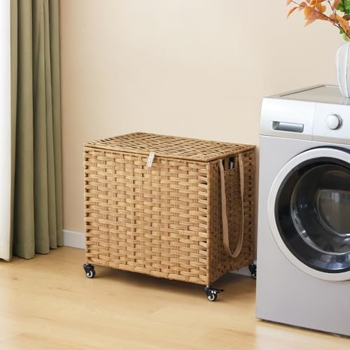Laundry Hamper with Wheels, 34.3 Gallon(130L) Rolling Laundry Basket with Lid, 3-Section Rattan Clothes Hamper with 3 Removable Liner & 3 Mesh Bags, Laundry Sorter with Side Pocket, Natural - color: Natural, size: 130L(23.62 x 15.75 x 21.65 Inches)
