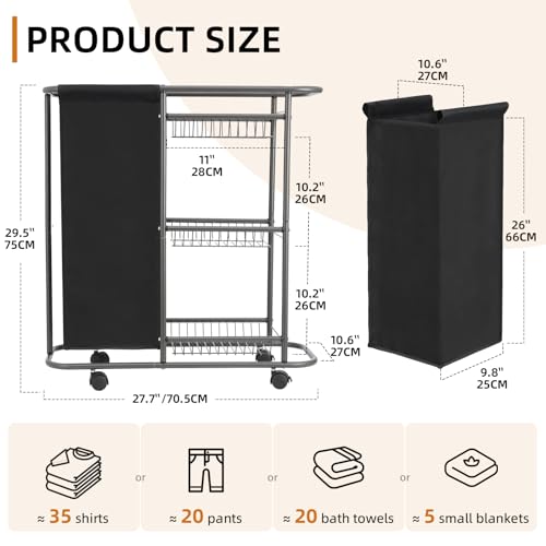 Between Washer & Dryer Laundry Cart, Narrow 3-Tier Rolling Hamper, 45L Bag - color: Black