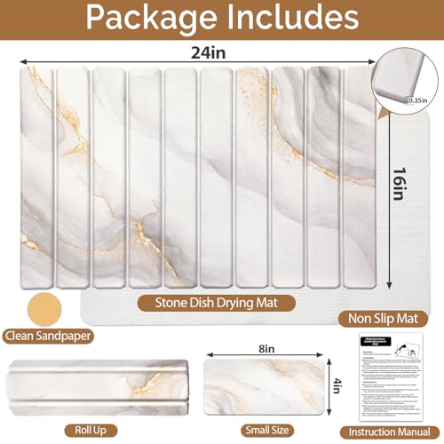 Large Stone Dish Drying Mat for Kitchen Counter,Quick Dry Stone Dishes Mats,Marbled Water Absorbing Diatomaceous Earth Drying Pad for Countertop Bottles Utensils Cups(Yellow White 24"x16"&8"x4") - color: Yellow White, size: 24" x 16"
