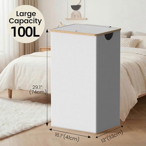 efluky Laundry Basket with Lid and Removable Bag, 100L Tall Laundry Hamper with Bamboo Handles, Aesthetic Dirty Clothes Bin for Laundry Room, Bathroom, Bedroom and Dorm, Light Grey - color: Light Grey, size: 100L
