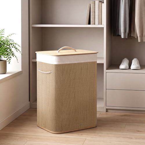 Giantex Bamboo Laundry Hamper with Lid, Removable Liner & Portable Handles - color: Natural Beige