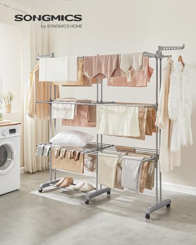 SONGMICS 4-Tier Clothes Drying Rack, Foldable, Rolling, 69.9-Inch Tall - color: Dove Gray, style: 4-Tier + Extendable Rods