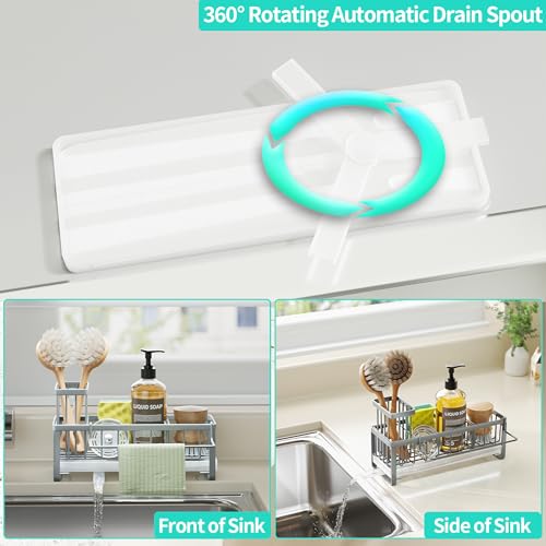 HapiRm Sponge Holder for Kitchen Sink - Self-draining Sink Caddy with Brush and Dishcloth Holders, Stainless Steel Kitchen Organizer for Countertop - Grey - color: Gray, size: with Dishcloth Holder