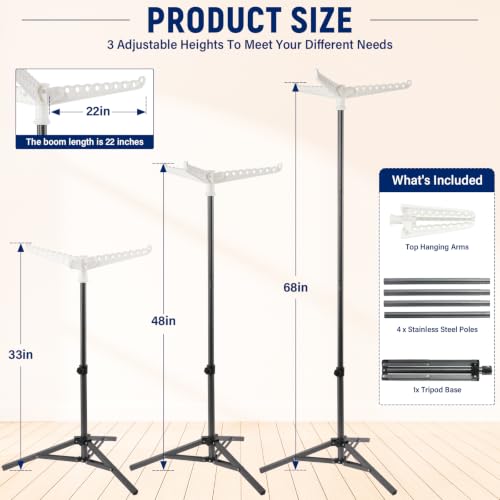 Clothes Drying Rack, Drying Rack 33-68 inches Stable and Heavy-Duty Tripod Base Thickened Stainless Steel Saving Space 27 Pieces of Clothing - color: Black