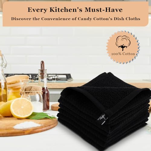 Kitchen Cleaning Dish Wash Cloths Waffle Terry Design Kitchen DishCloths|Washable 12x12 Cotton Dish Rags for Drying Dishes|Counter Top Barista Dust Wipes|Spring Easter Basket Decor| 6 Pc Set-Black - color: Black