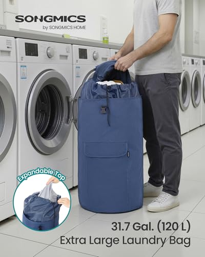 SONGMICS Laundry Bag, Laundry Backpack, Heavy-Duty, 31.7 Gallons (120 L) - color: Charcoal Blue, style: 120 L
